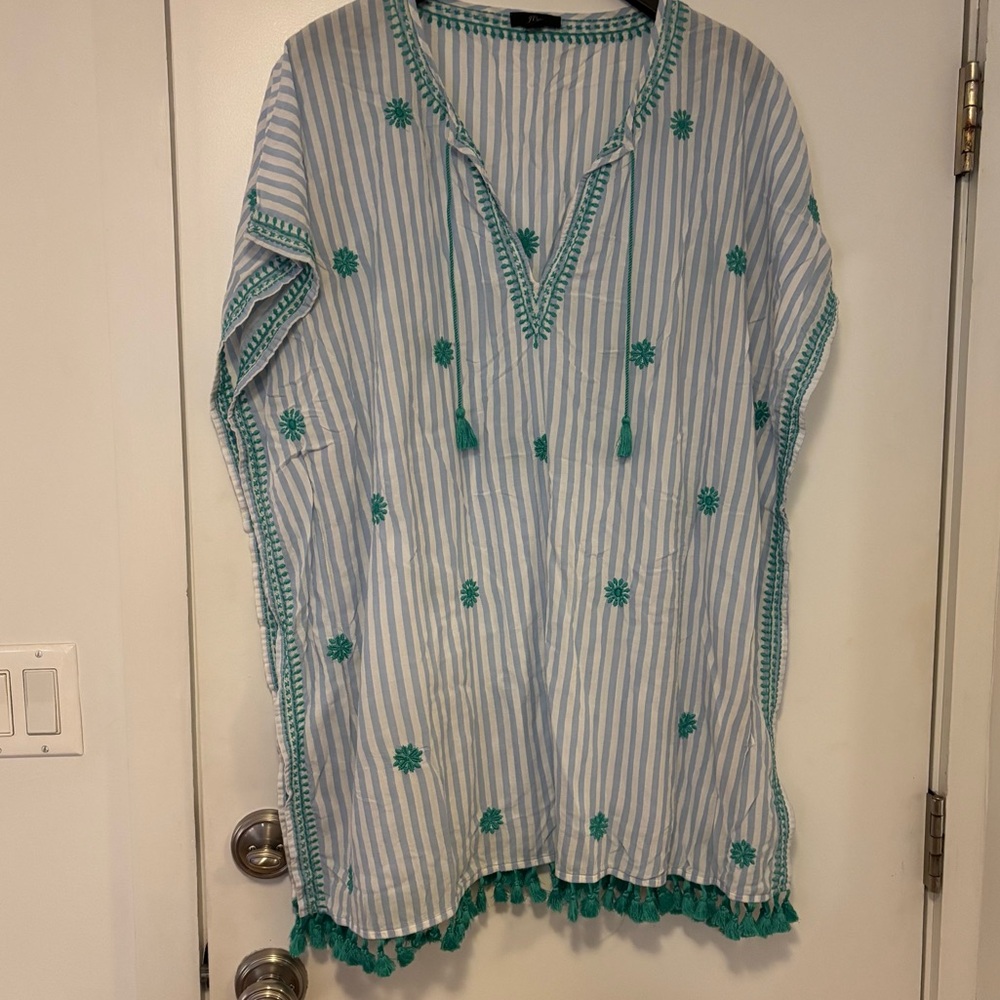 J. Crew Blue and Green Striped Embroidered Tunic